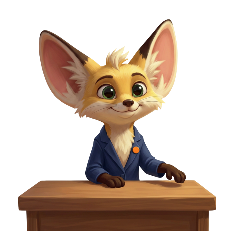 Fen, the Desk Buddy, sitting behind a desk